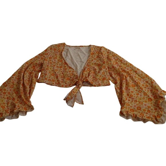 Floral Tie-Front Wide Sleeve Crop Cover-Up Jacket Women Size L Orange Retro Fall - Picture 1 of 11